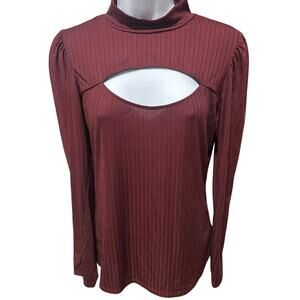 Full Circle Trends Burgundy ribbed mock neck blouse Large puffy long sleeves.